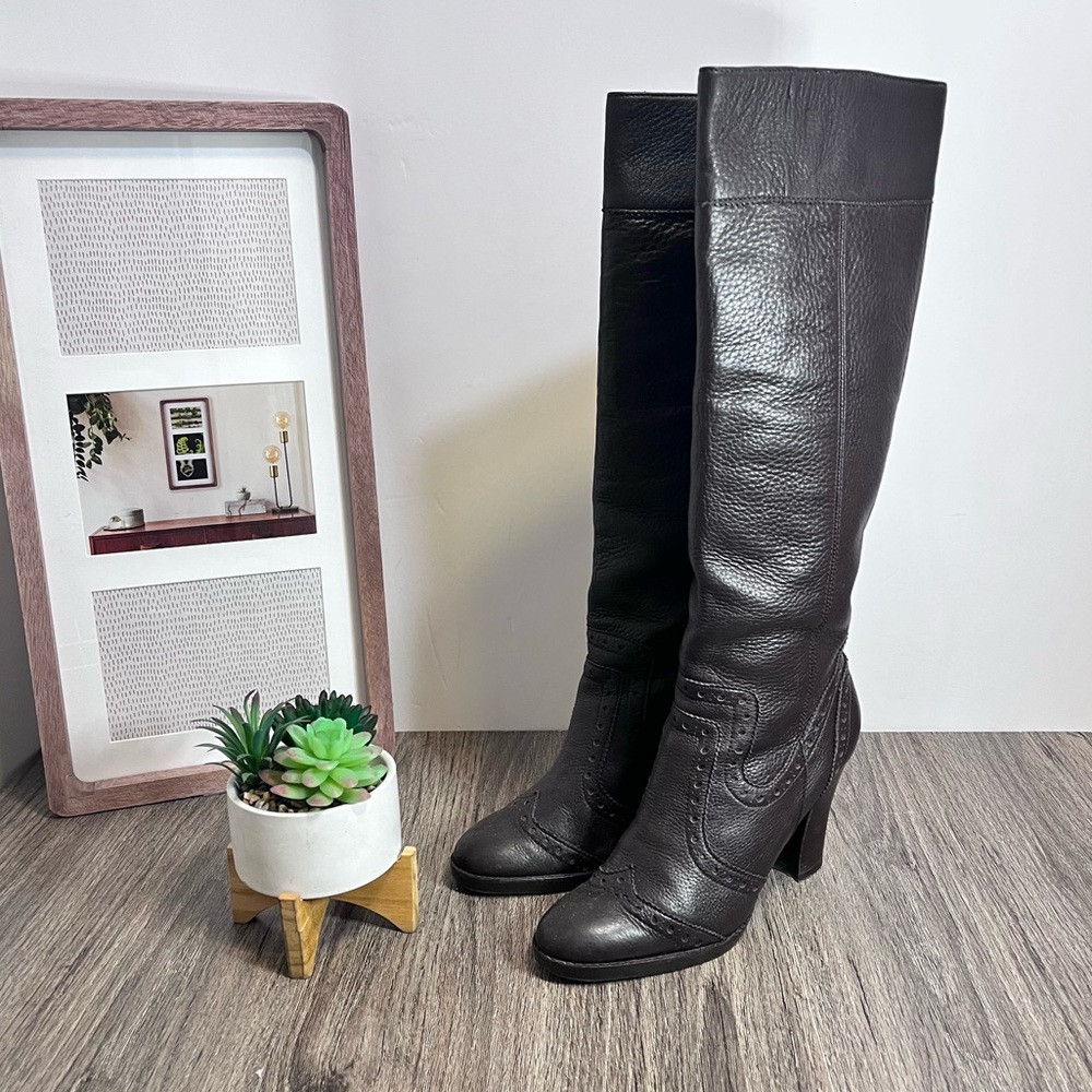 Michael Kors | Brown Brogue Pull-Up Pebble Leather Heeled Boots Size 8.5